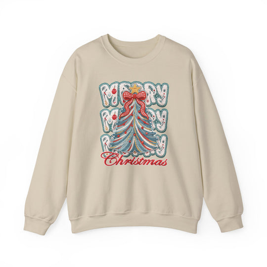 Merry Christmas Tree Crew sweatshirt with festive embroidered tree and Merry Merry Christmas text, ideal for cozy winter wear.