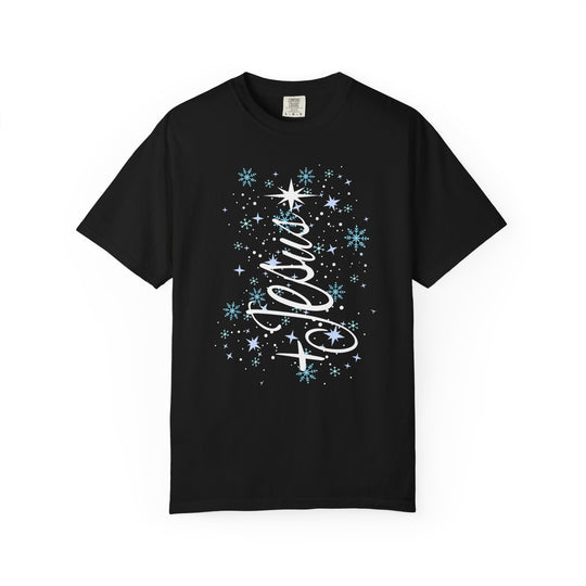 Jesus Tree Tee features Jolly in white script with festive snowflakes on a black short-sleeve Comfort Colors t-shirt, embodying wintry charm and comfort.