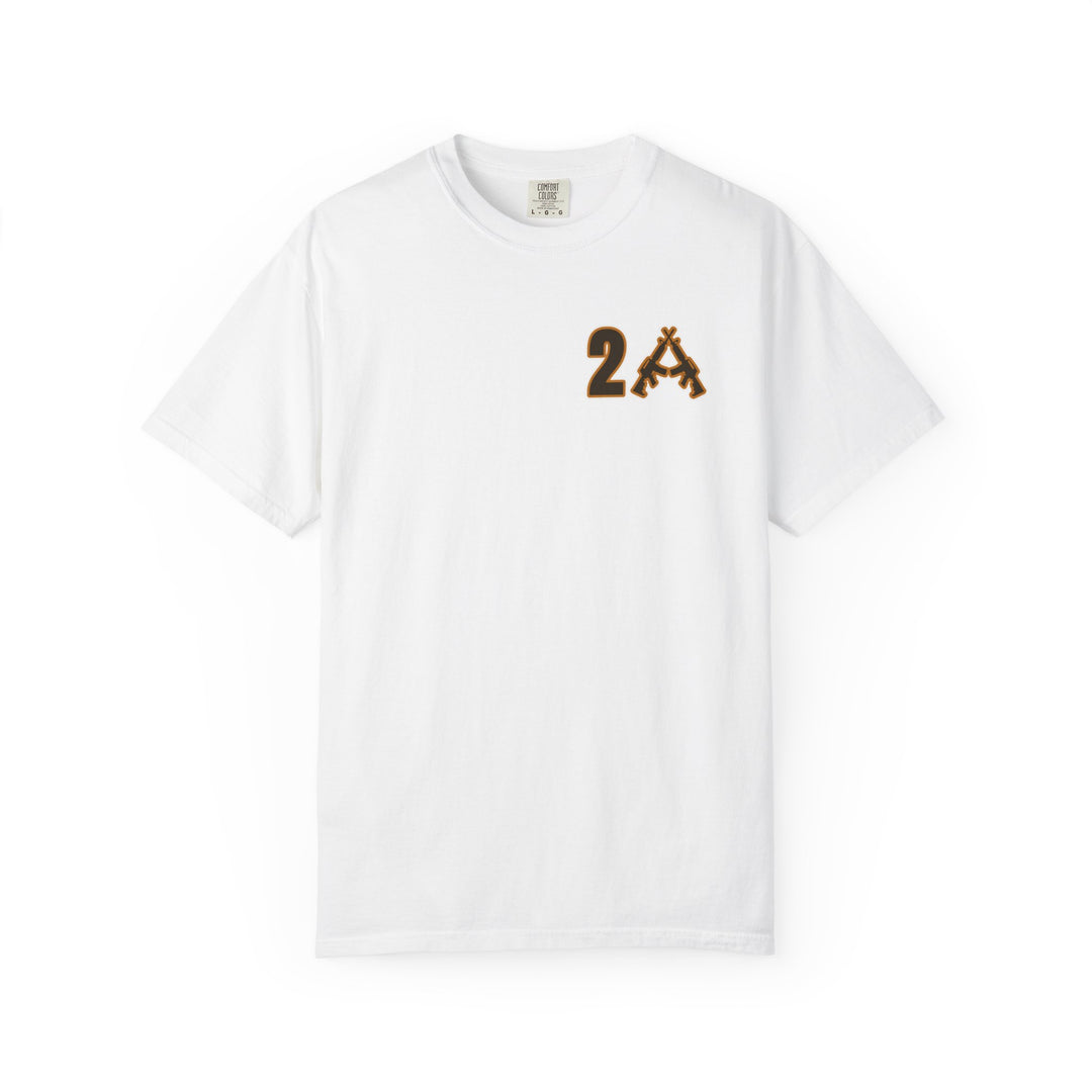 Comfort Colors 2A Tee: White crew-neck T-shirt with 2A graphic, featuring crossed rifle silhouettes, ideal for casual wear with its relaxed fit and durable stitching.
