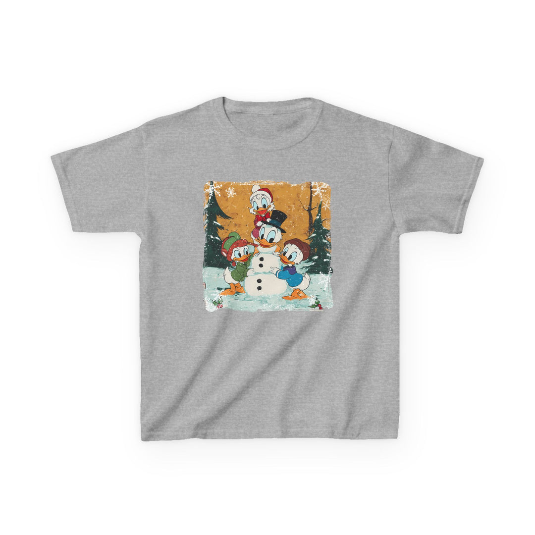 Donald Duck Snowmen Kids Tee featuring Donald and nephews building a snowman, vintage Disney style, perfect for everyday wear with durable cotton fabric.