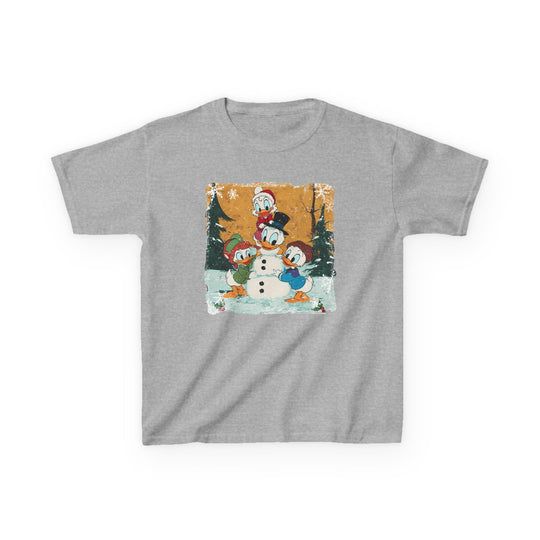 Donald Duck Snowmen Kids Tee featuring Donald and nephews building a snowman, vintage Disney style, perfect for everyday wear with durable cotton fabric.