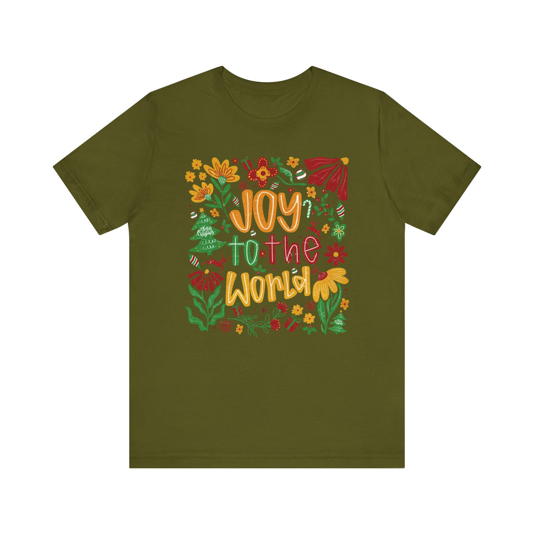Olive-green 'Joy to the World' tee with holiday-themed graphics, featuring festive lettering and seasonal doodles, perfect for a cheerful, stylish look.
