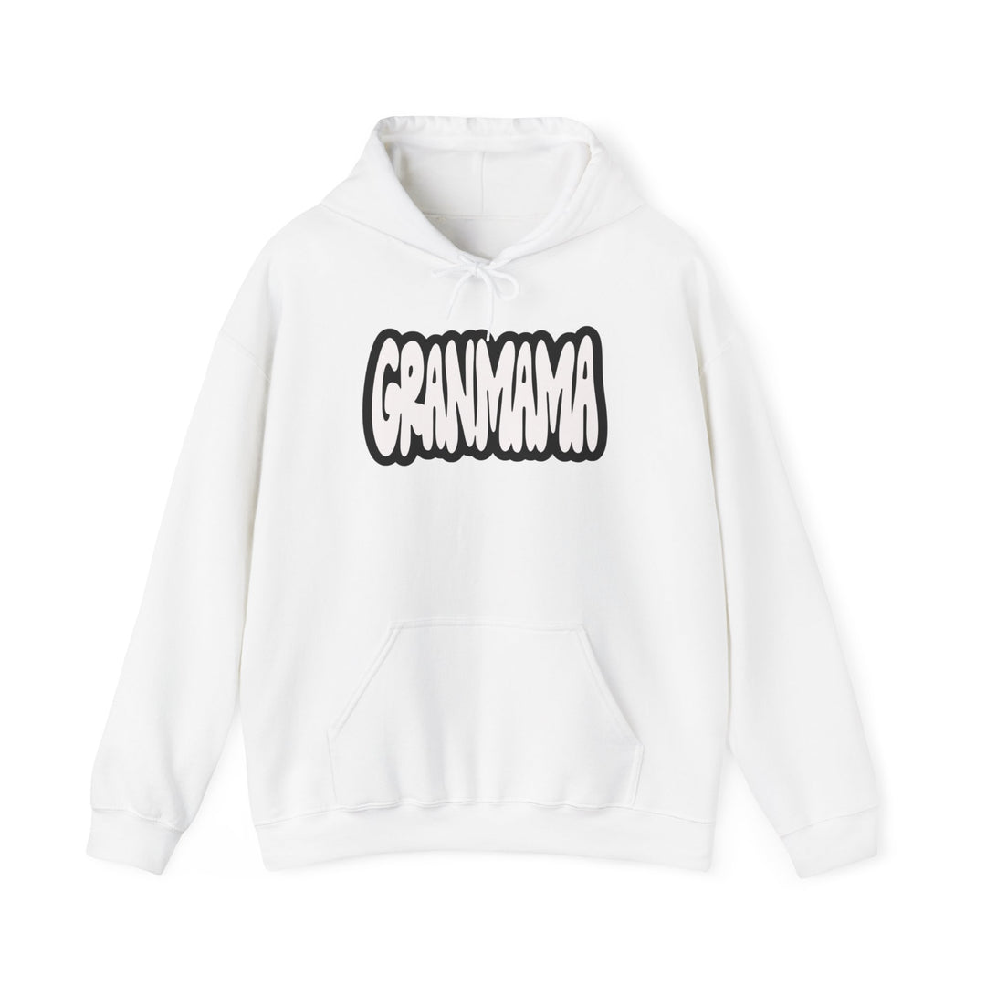 Granmama Hoodie: A white unisex heavy blend hooded sweatshirt with black text. Features kangaroo pocket, drawstring hood, 50% cotton, 50% polyester, medium-heavy fabric, tear-away label, classic fit.