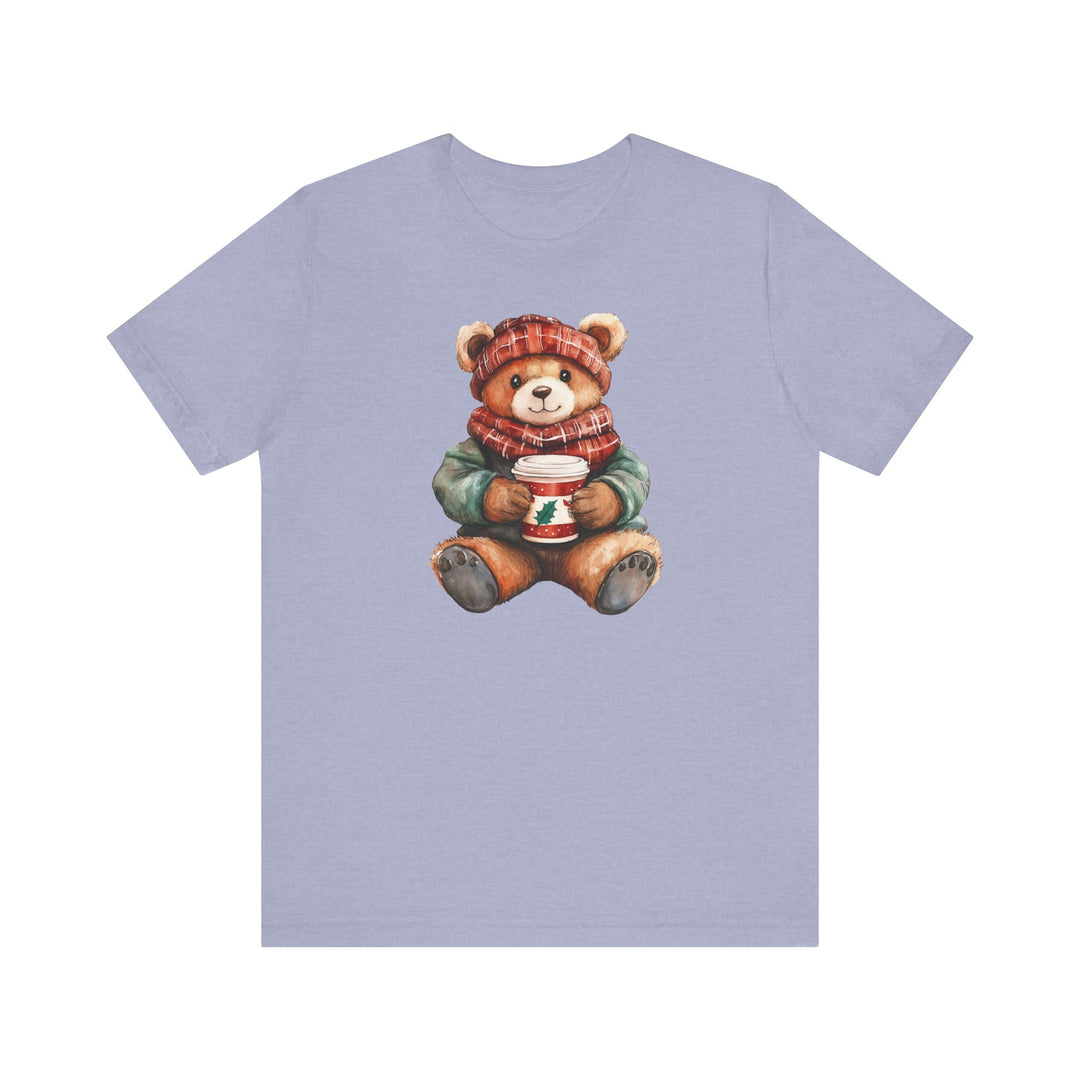 Old Money Christmas Bear Tee features a watercolor teddy bear in winter attire, holding a festive coffee cup. Classic unisex fit with soft cotton, offering lasting comfort.