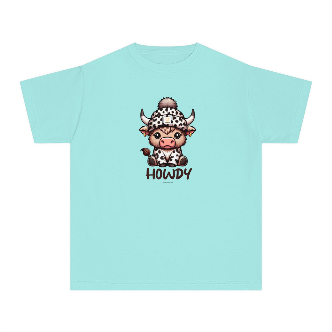 Kid's Howdy Tee: Blue shirt with a cartoon cow wearing a hat. 100% cotton, light fabric, classic fit for comfort and agility. Perfect for playtime or study sessions.
