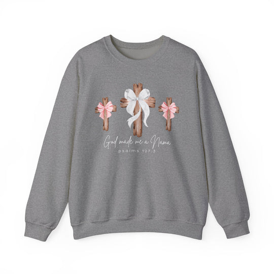 Heather-gray sweatshirt with God Made Me a Nana design, featuring three wooden crosses with bows, combining comfort and faith inspiration.