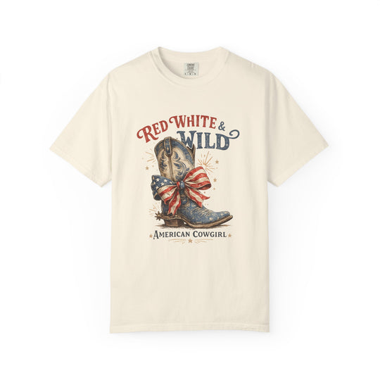Red White and Wild Tee featuring a vintage cowboy boot with U.S. flag bow, stars, and sparkles, perfect for American Cowgirl style.
