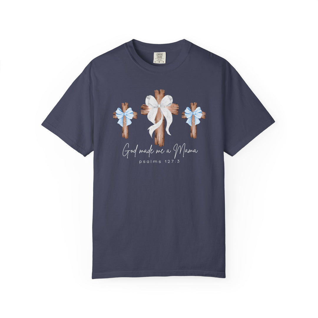 Navy tee with three rustic crosses and God made me a Mama text. Durable, relaxed fit, 100% cotton, by Faith Family Designs.