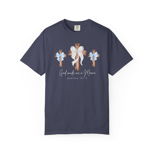 Navy tee with three rustic crosses and God made me a Mama text. Durable, relaxed fit, 100% cotton, by Faith Family Designs.