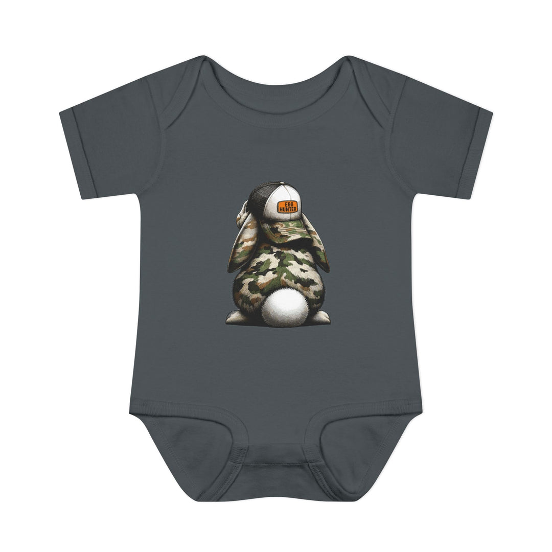Egg Hunter Onesie: Grey baby bodysuit featuring a cartoon bunny wearing a hat, crafted from soft ring-spun cotton for comfort and ease with lap shoulders.