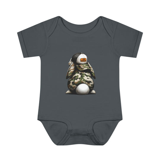 Egg Hunter Onesie: Grey baby bodysuit featuring a cartoon bunny wearing a hat, crafted from soft ring-spun cotton for comfort and ease with lap shoulders.
