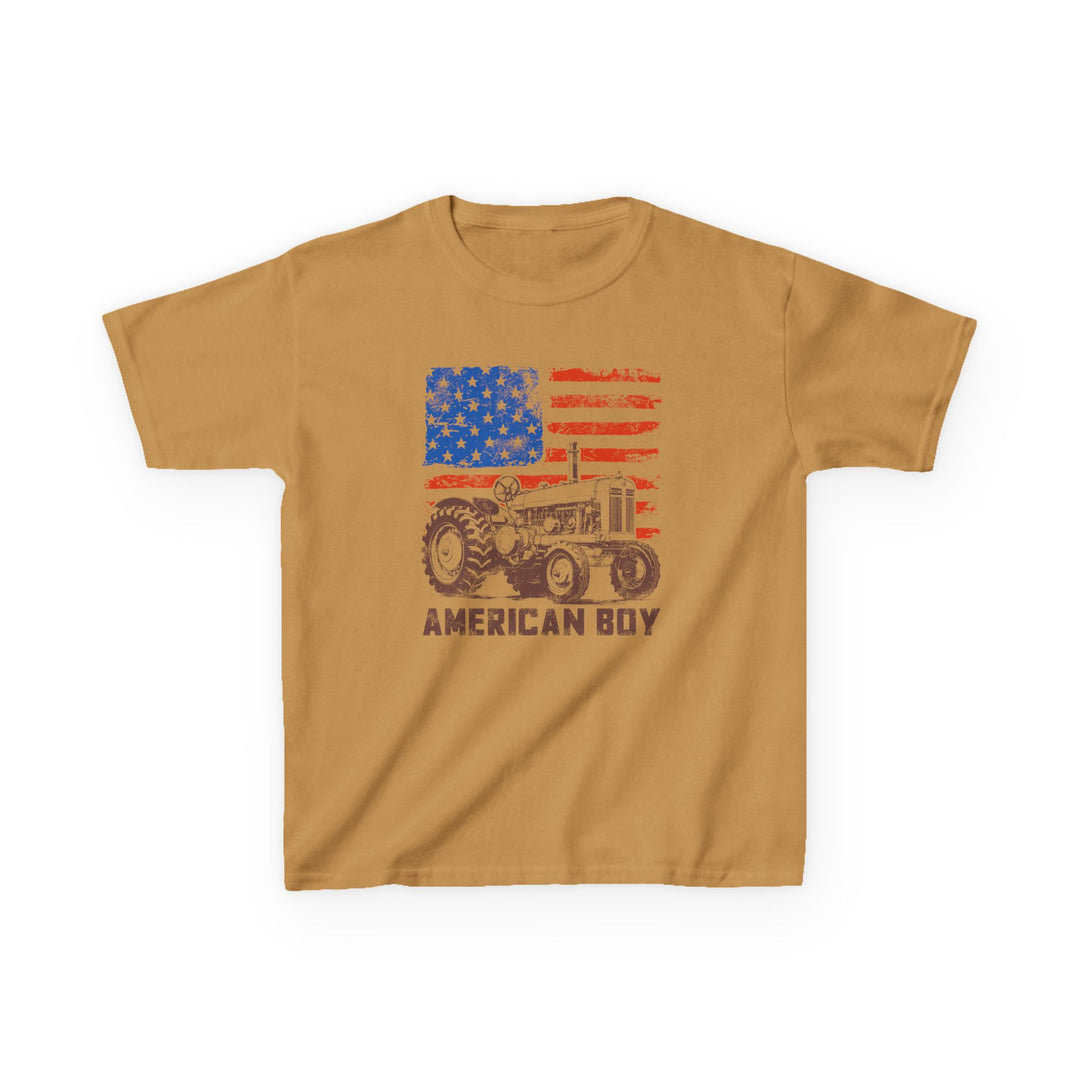 American Boy Kids Tee featuring a distressed American flag and tractor graphic, perfect for everyday wear with durable cotton fabric and a comfortable fit.