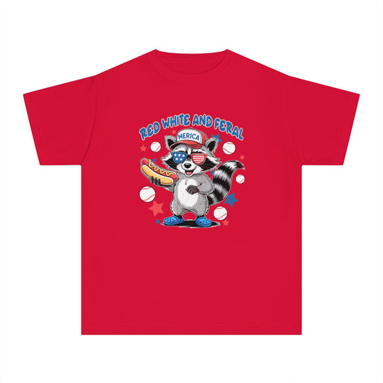 Red White and Feral Baseball 4th Kids Tee, classic fit, soft-washed, garment-dyed, 100% combed cotton, designed for comfort during active play or study.
