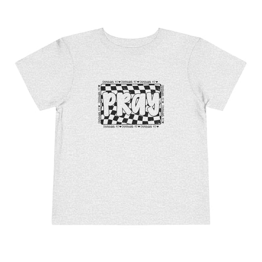 Pray Toddler Tee: A white t-shirt featuring a black and white design, crafted from 100% Airlume combed cotton, perfect for everyday toddler wear.