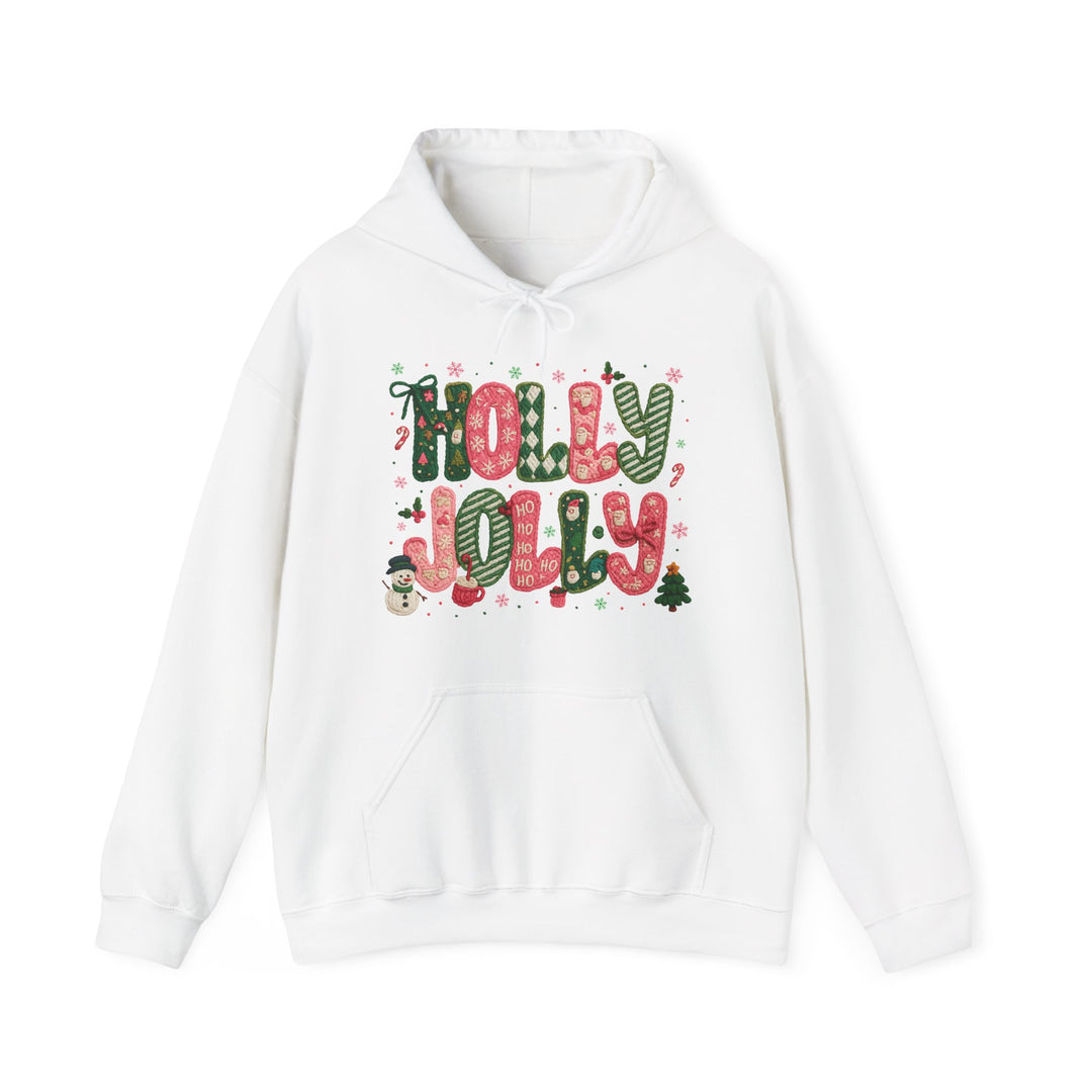 Unisex Holly Jolly hoodie featuring festive candy-cane lettering and icons of a snowman and Christmas tree, designed for warmth and comfort.
