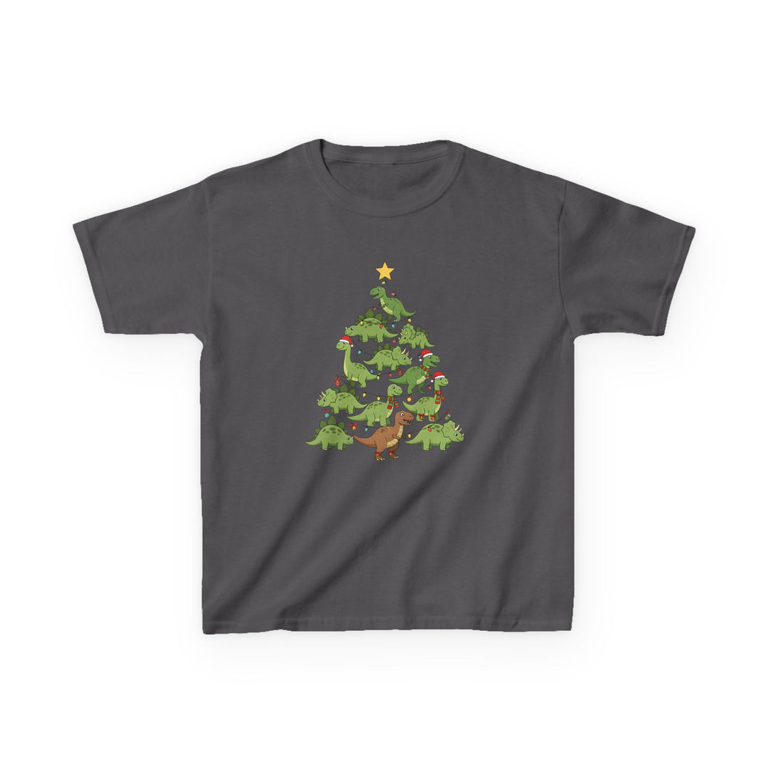 Dino Tree Kids Tee: Charcoal-gray T-shirt features a playful dinosaur Christmas tree design with festive accessories, made from soft, durable cotton for everyday wear.