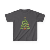 Dino Tree Kids Tee: Charcoal-gray T-shirt features a playful dinosaur Christmas tree design with festive accessories, made from soft, durable cotton for everyday wear.