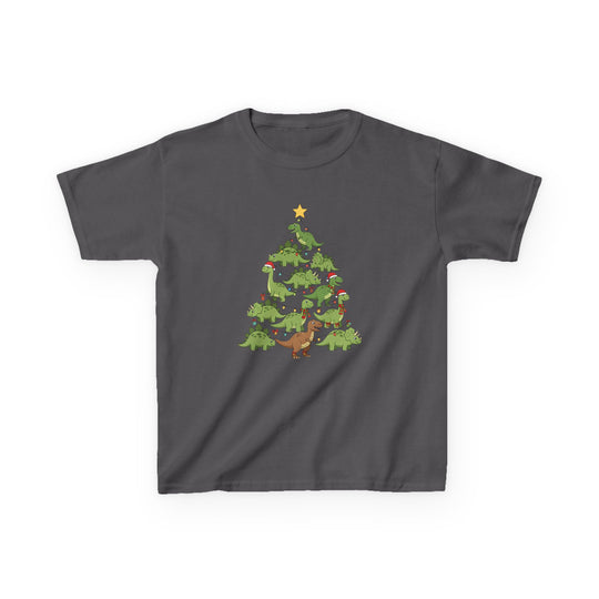 Dino Tree Kids Tee: Charcoal-gray T-shirt features a playful dinosaur Christmas tree design with festive accessories, made from soft, durable cotton for everyday wear.
