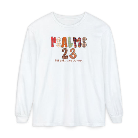 White long-sleeve T-shirt featuring colorful PSALMS 23 patch-style print, cursive The LORD is my Shepherd, made of soft 100% ring-spun cotton, relaxed fit.