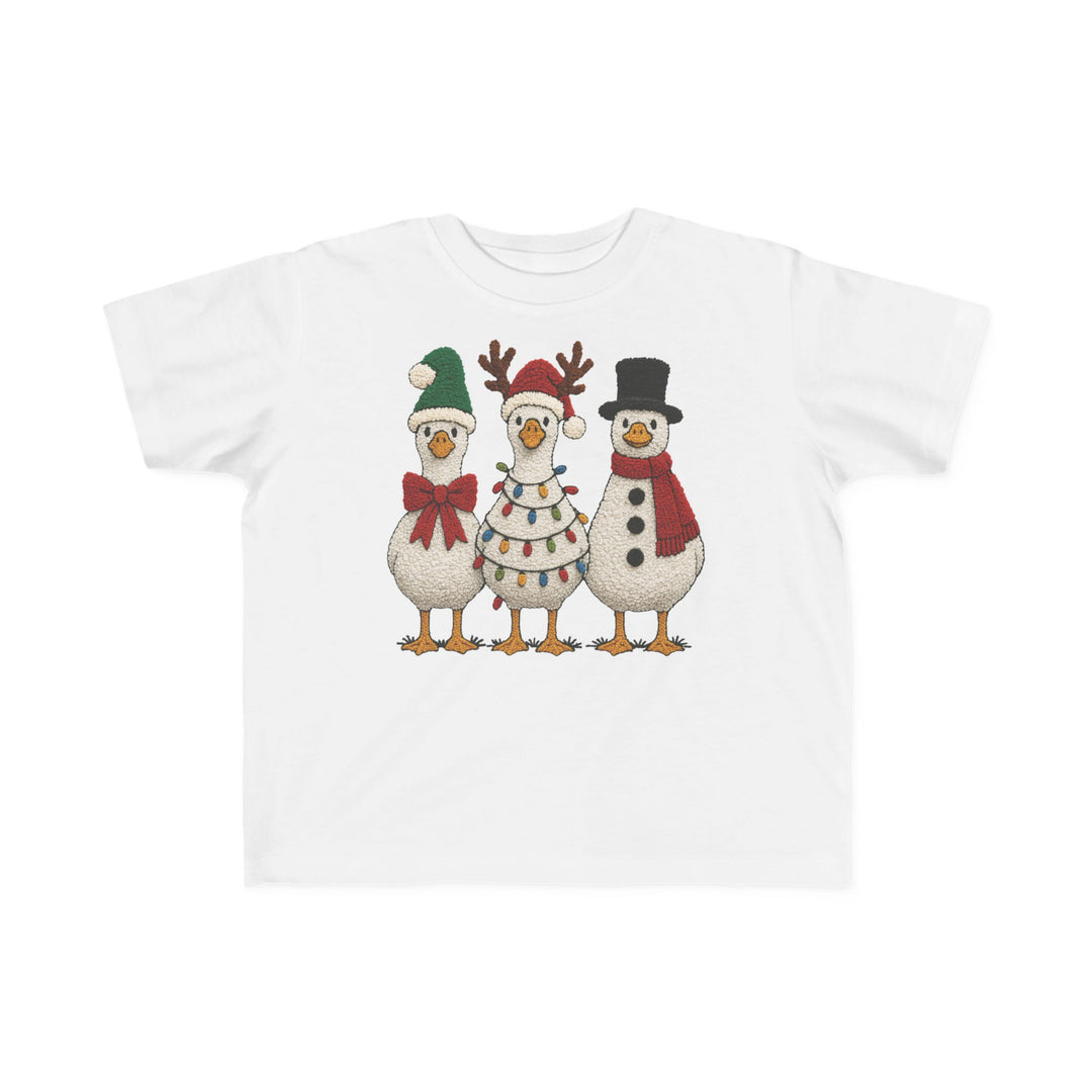 Christmas Ducks Toddler Tee featuring three festive birds with holiday accessories on a soft, durable cotton T-shirt, perfect for toddlers' sensitive skin.