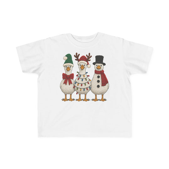 Christmas Ducks Toddler Tee featuring three festive birds with holiday accessories on a soft, durable cotton T-shirt, perfect for toddlers' sensitive skin.