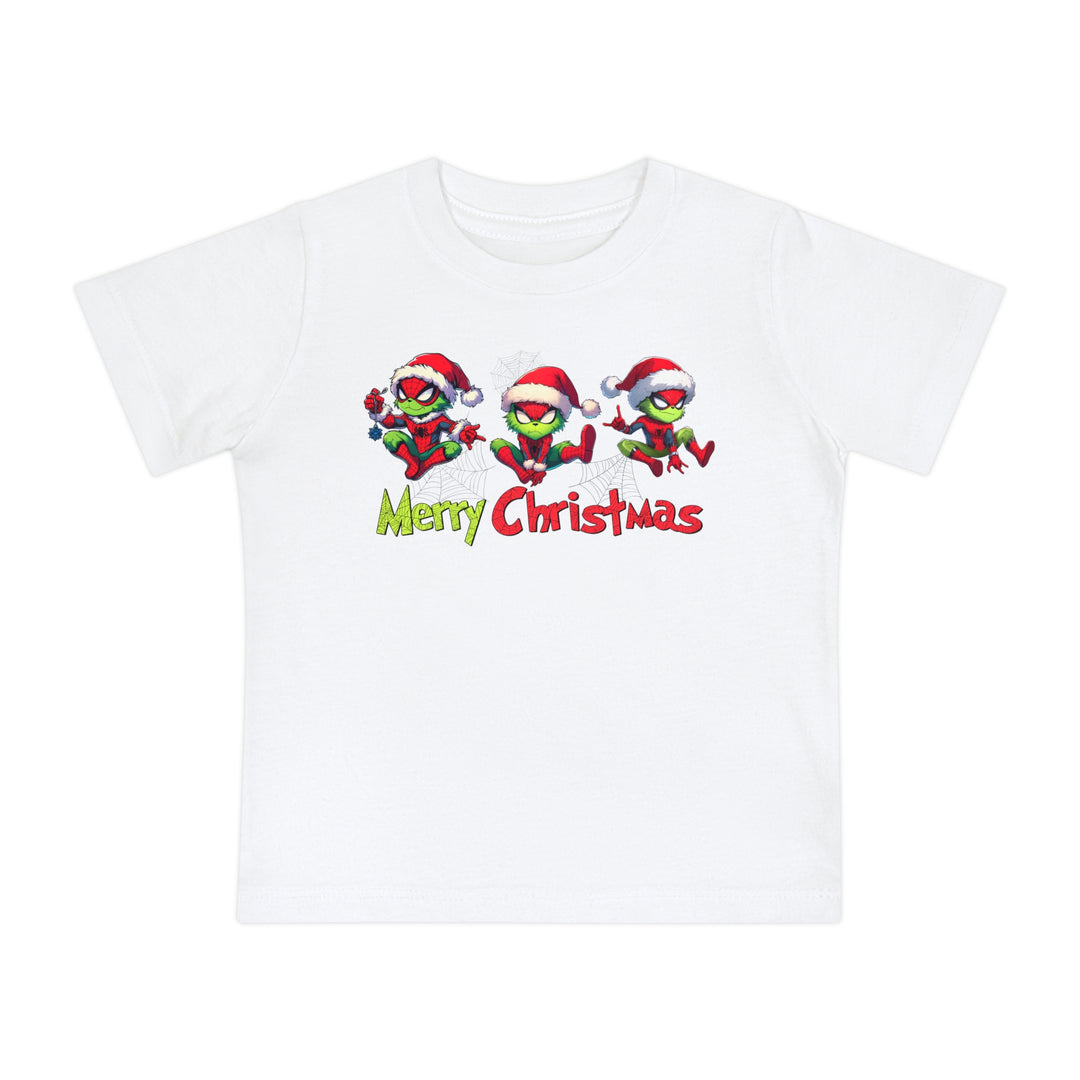 Spider Baby Tee featuring Grinch-like characters in Spider-Man costumes with Santa hats and web motifs, Merry Christmas text. Soft, durable for baby’s stylish steps.