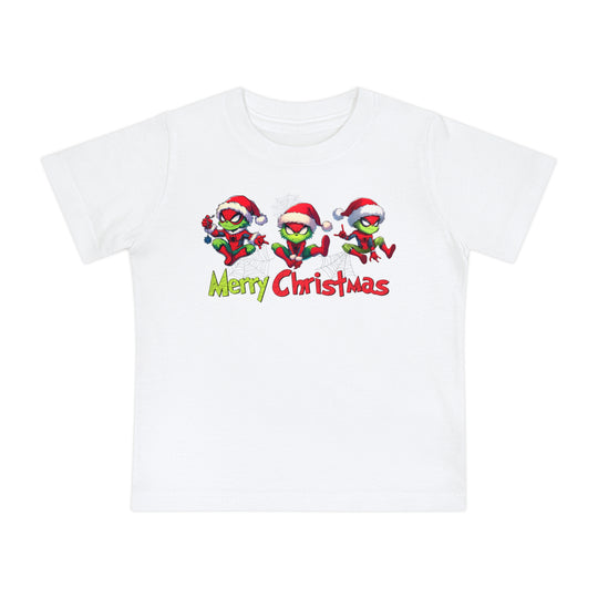 Spider Baby Tee featuring Grinch-like characters in Spider-Man costumes with Santa hats and web motifs, Merry Christmas text. Soft, durable for baby’s stylish steps.