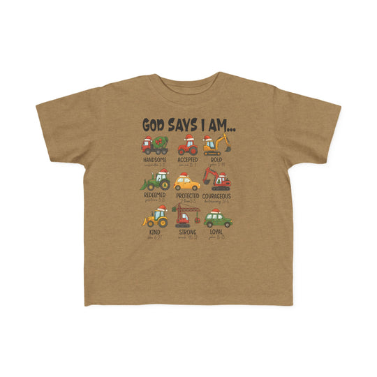 God Says Christmas Truck Toddler Tee features cartoon vehicles with Santa hats and positive traits, offering a soft, durable fit perfect for toddlers.