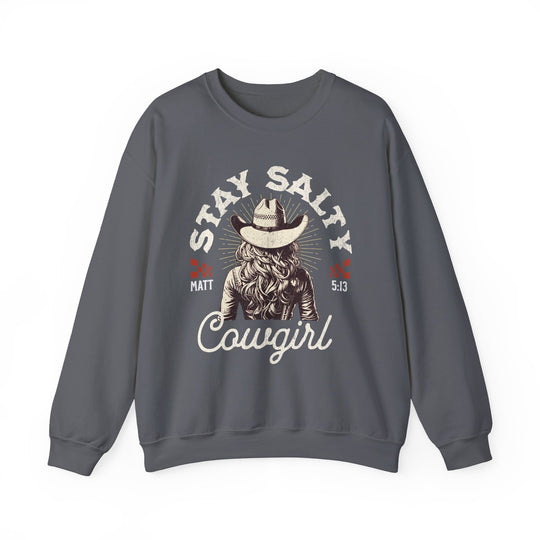 Stay Salty Crew grey sweatshirt featuring a cowboy hat graphic, ideal for comfort with a loose fit, made from a cotton-polyester blend.