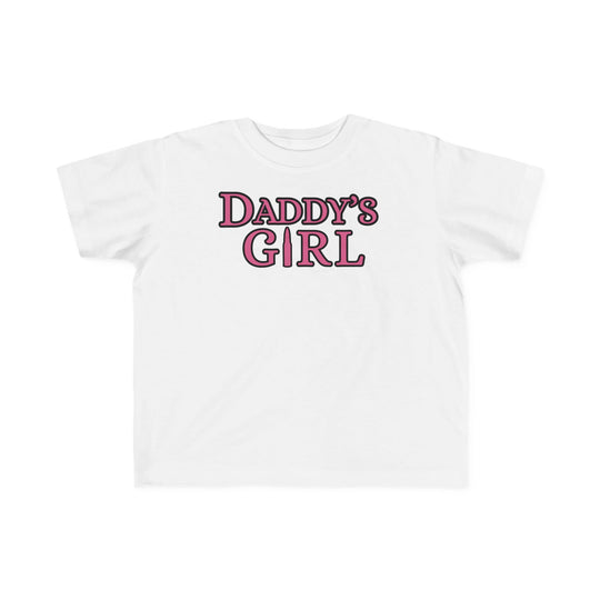 Daddy's Girl Toddler Tee featuring pink text on a soft, white shirt, ideal for toddlers. Made from 100% combed ringspun cotton for comfort and durability.