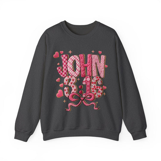 3:16 Crew sweatshirt with quilted JOHN 3:16 graphic, pink ribbon, and decorative hearts, offering comfort with its polyester-cotton blend and ribbed collar.