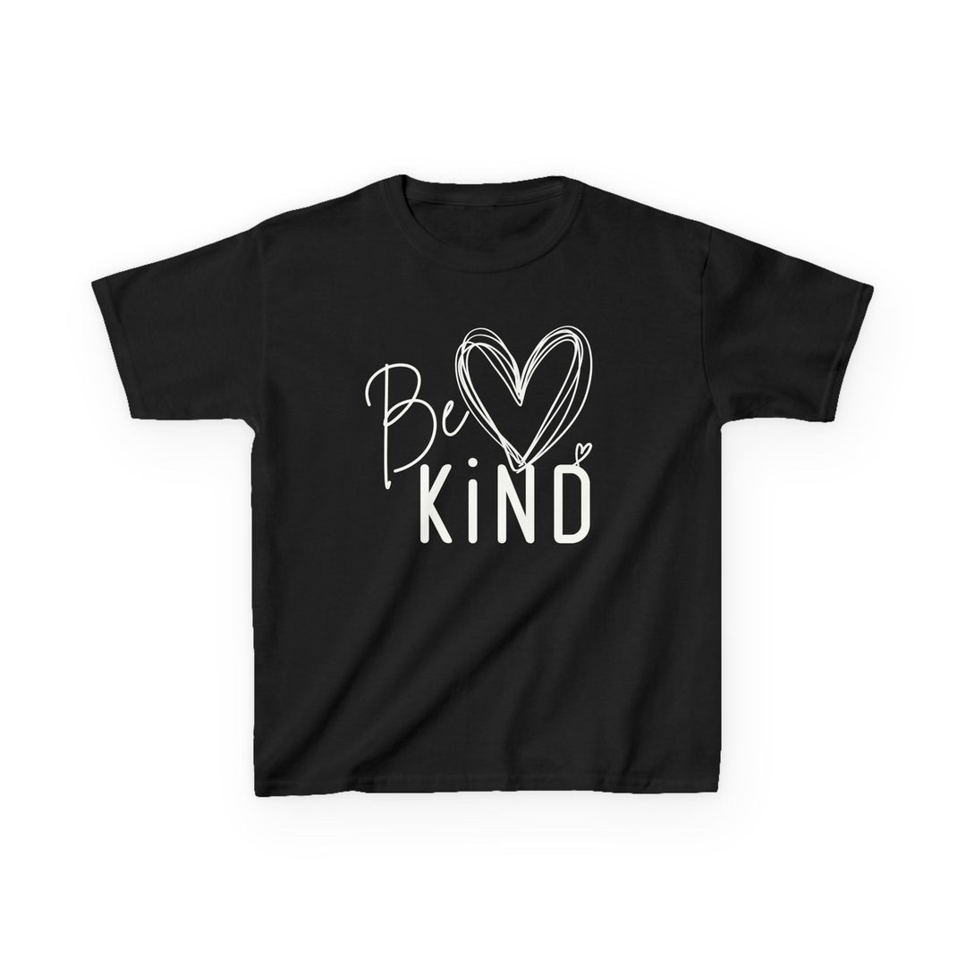 Black kids' Be Kind T-shirt with handwritten script and heart graphics, made from 100% cotton, offering durability and comfort for everyday wear.
