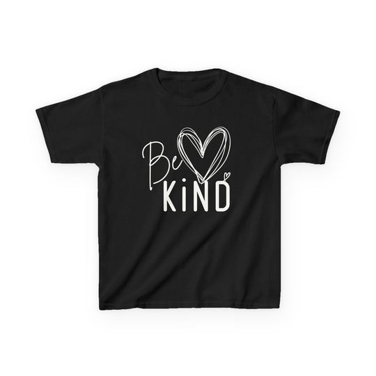 Black kids' Be Kind T-shirt with handwritten script and heart graphics, made from 100% cotton, offering durability and comfort for everyday wear.