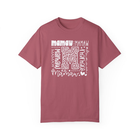 Comfort Colors 1717 Mamaw Tee: Pink t-shirt with white text, ring-spun cotton, relaxed fit, double-needle stitching, no side-seams, crew neckline. Available in various sizes. Ethically made with 100% US cotton.