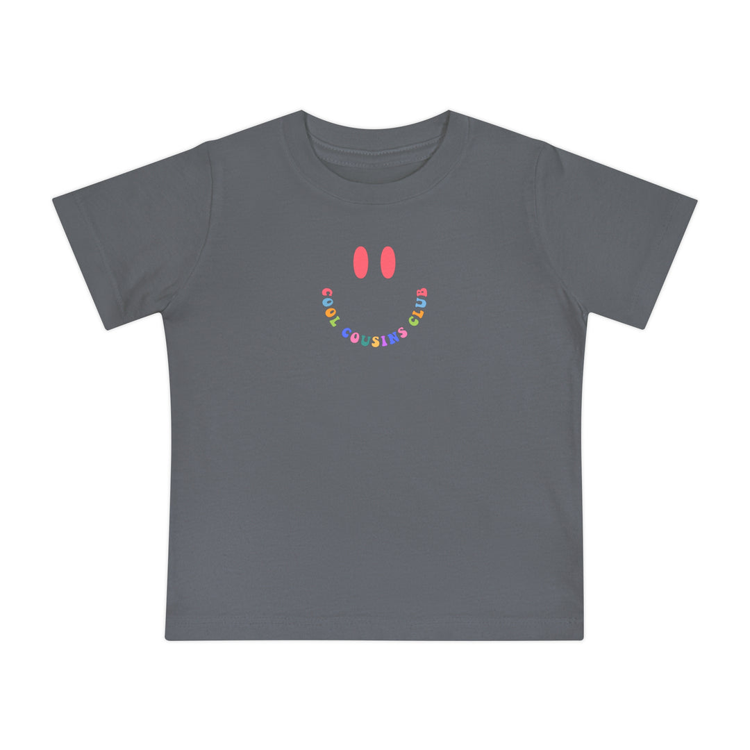 Cool Cousins Club Baby Tee, a soft, durable crew neck t-shirt for babies, designed for comfort and style in first steps. Available in pre-shrunk cotton.