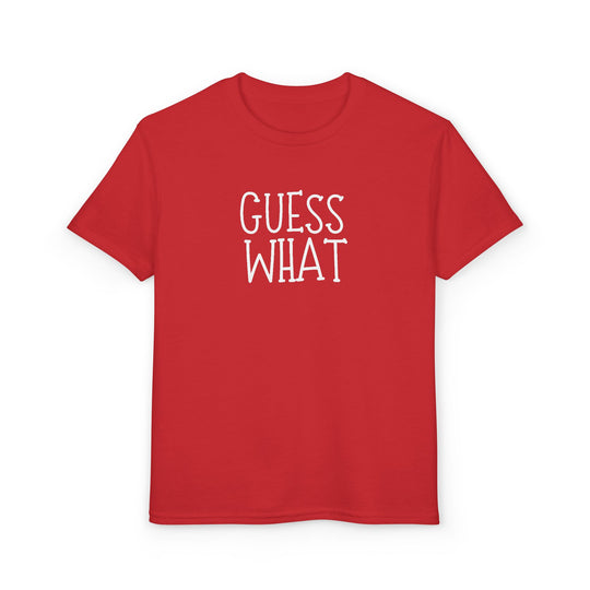 Red short-sleeve 'Guess What Chicken Butt' tee with white text, featuring a seamless body and eco-friendly materials, ideal for active youth from Faith Family Designs.