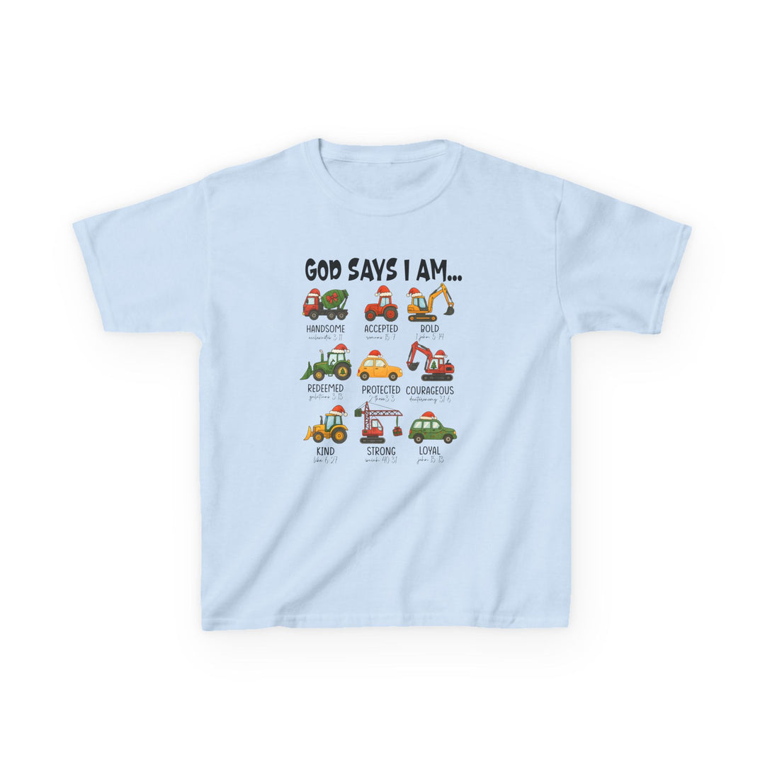 Light-blue God Says I Am kids tee with cartoon construction vehicles and affirmations like Handsome and Bold, designed for durability and comfort.