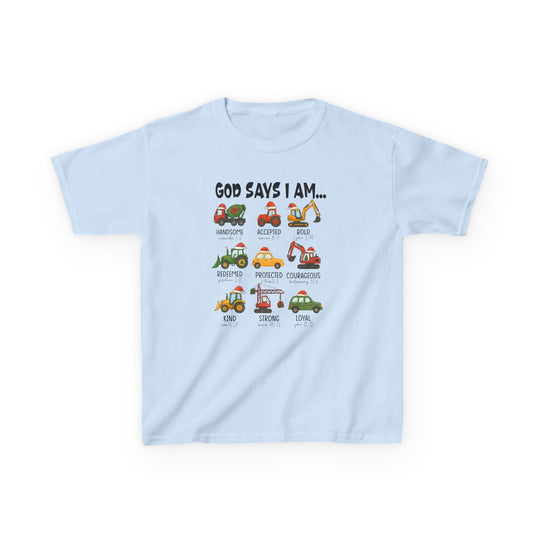 Light-blue God Says I Am kids tee with cartoon construction vehicles and affirmations like Handsome and Bold, designed for durability and comfort.