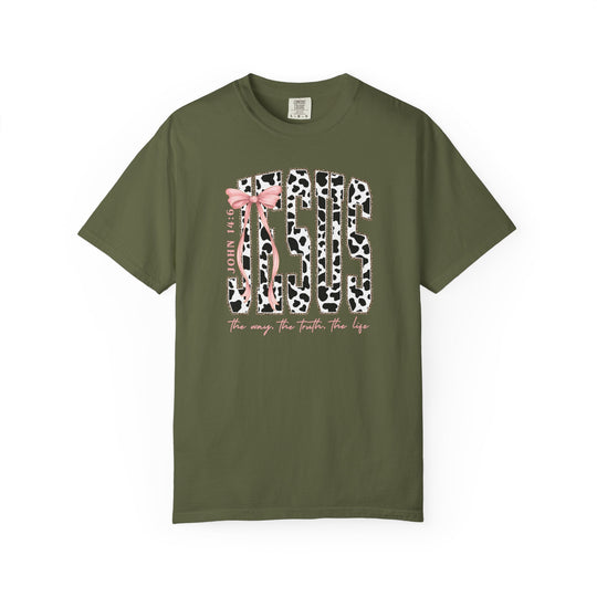 John 14:6 Tee: Olive-green T-shirt featuring JESUS in cow-print with a pink bow, John 14:6, and the way, the truth, the life in pink script.