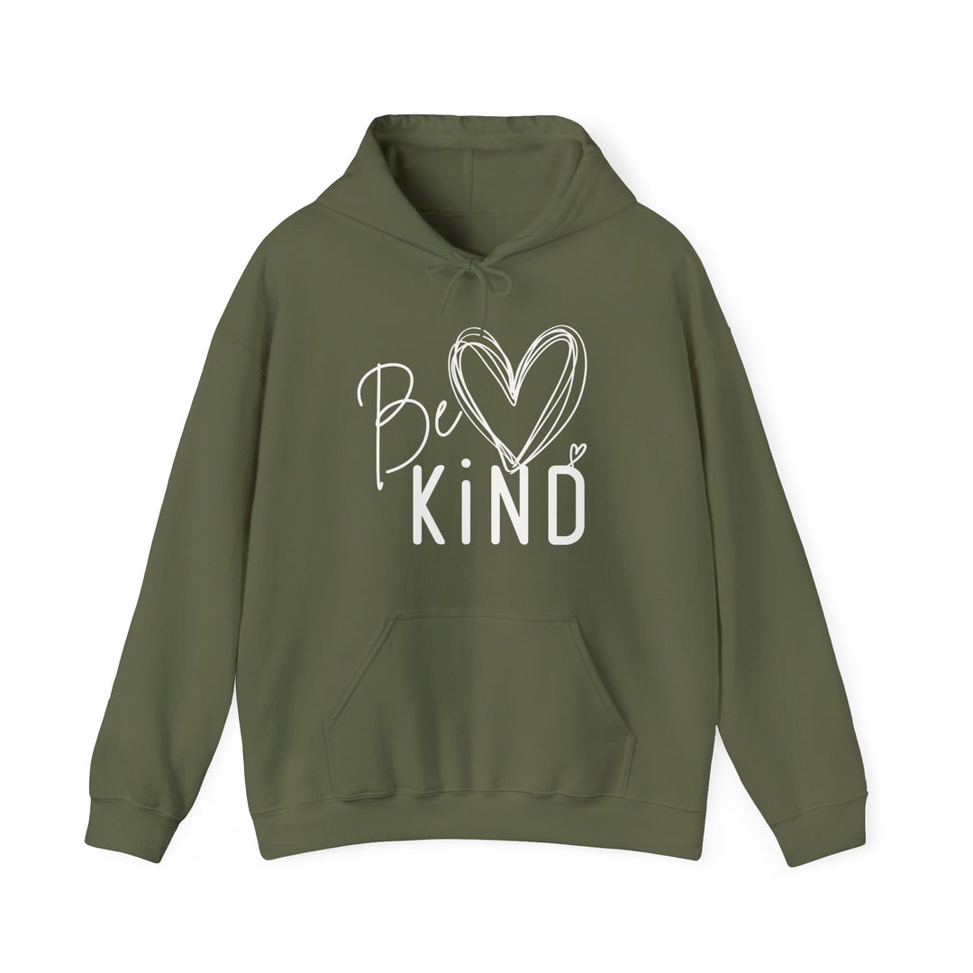 Olive-green Be Kind hoodie featuring a sketchy heart design, kangaroo pocket, and drawstring hood for comfort and style. Suitable for cold weather.