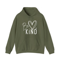 Olive-green Be Kind hoodie featuring a sketchy heart design, kangaroo pocket, and drawstring hood for comfort and style. Suitable for cold weather.