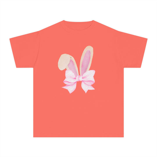 Bunny Bow Kids Tee: Coral T-shirt featuring a watercolor-style bunny ears and bow design, perfect for kids' active days. Made of soft, 100% combed ringspun cotton.
