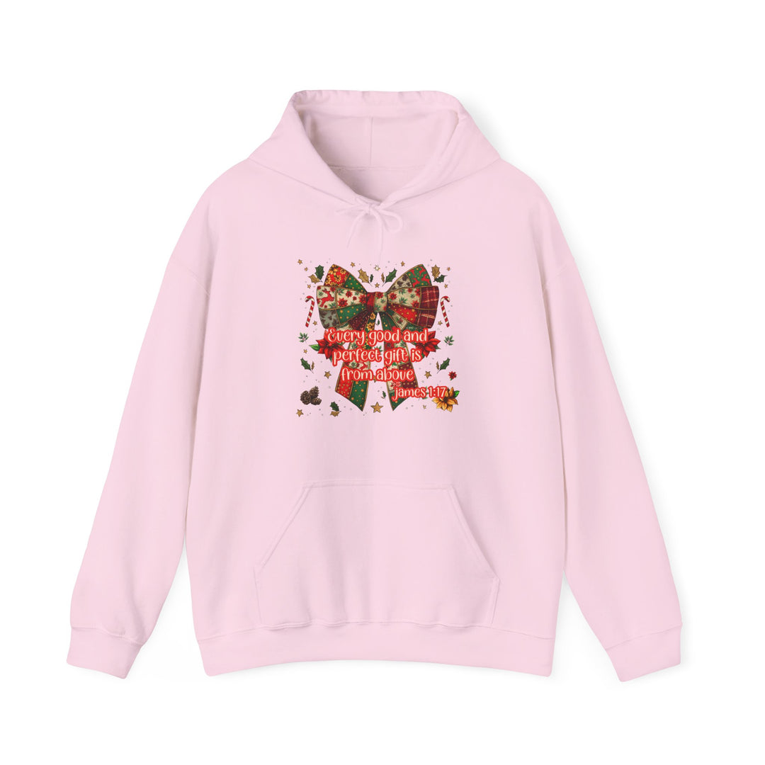 Light-pink Gift from Above Hoodie features a festive Christmas graphic with plaid bow, holly, candy canes, and James 1:17 verse on the front.