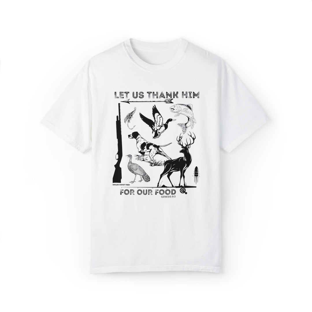 A white t-shirt featuring black and white images of animals and birds, embodying gratitude with the Let Us Thank Him For Our Food Tee design. Unisex, relaxed fit, 80% ring-spun cotton, 20% polyester.