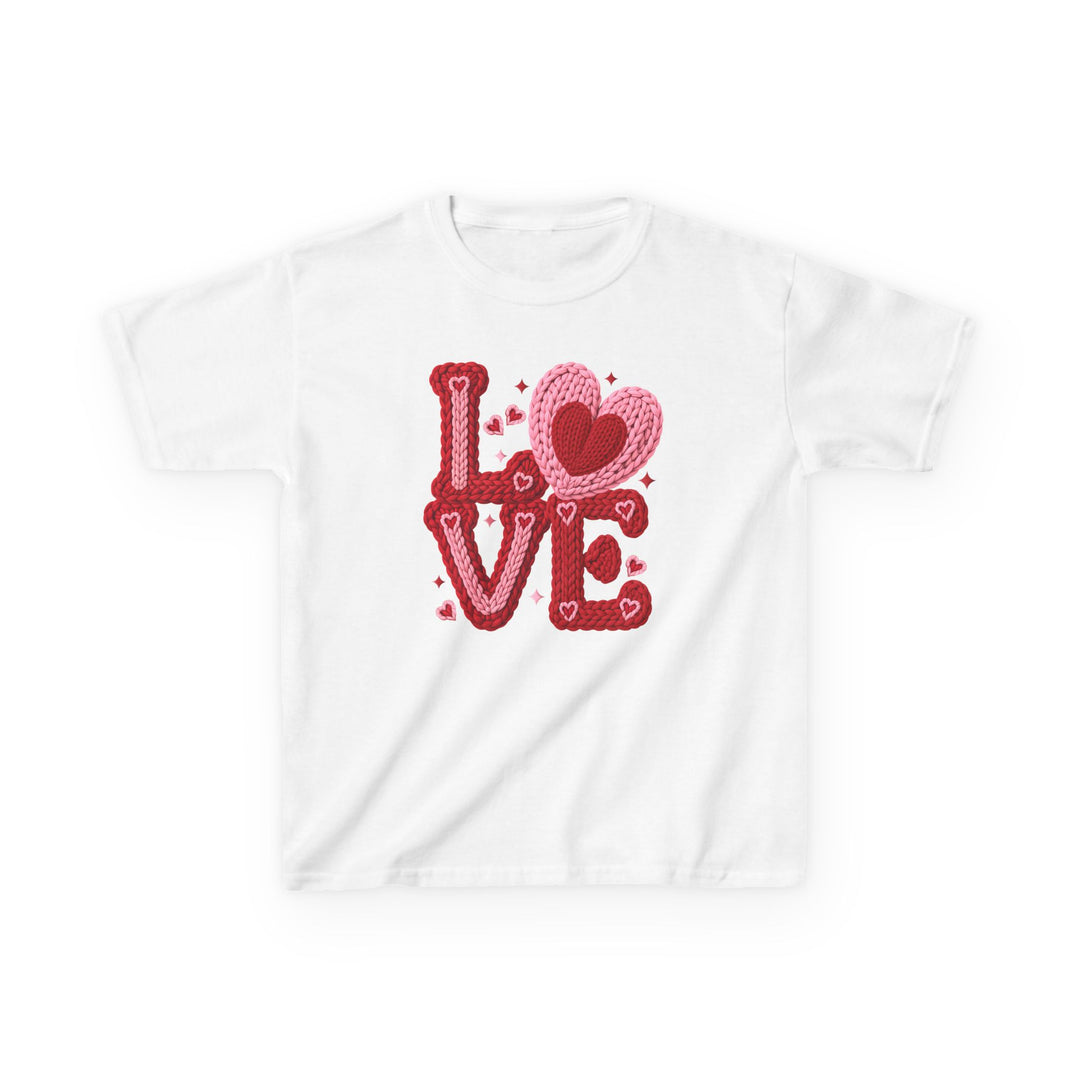 Love Heart Kids Tee featuring a stylized “LOVE” design with red and pink knitted-yarn letters and heart accents on a plain white T-shirt.
