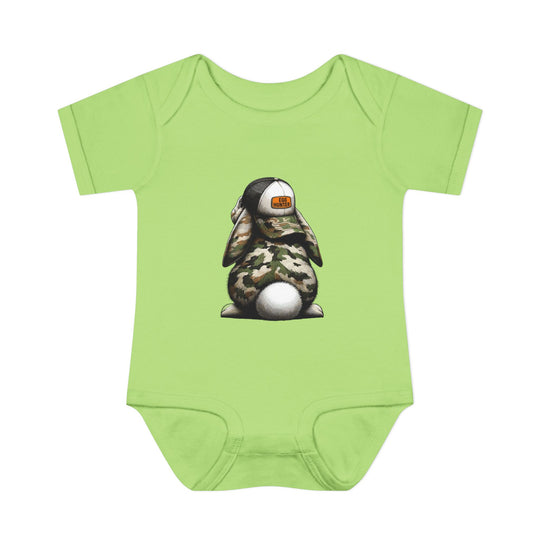 Egg Hunter Onesie: A green baby bodysuit featuring a cartoon bunny in a hat, designed for comfort with soft, ring-spun cotton and practical lap shoulders.