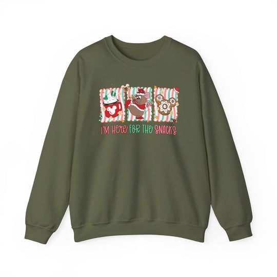 Here for the Snacks Crew sweatshirt features Disney snack graphics and festive slogan, offering cozy comfort with durable, ethically made fabric. Ideal for holiday-themed wear.