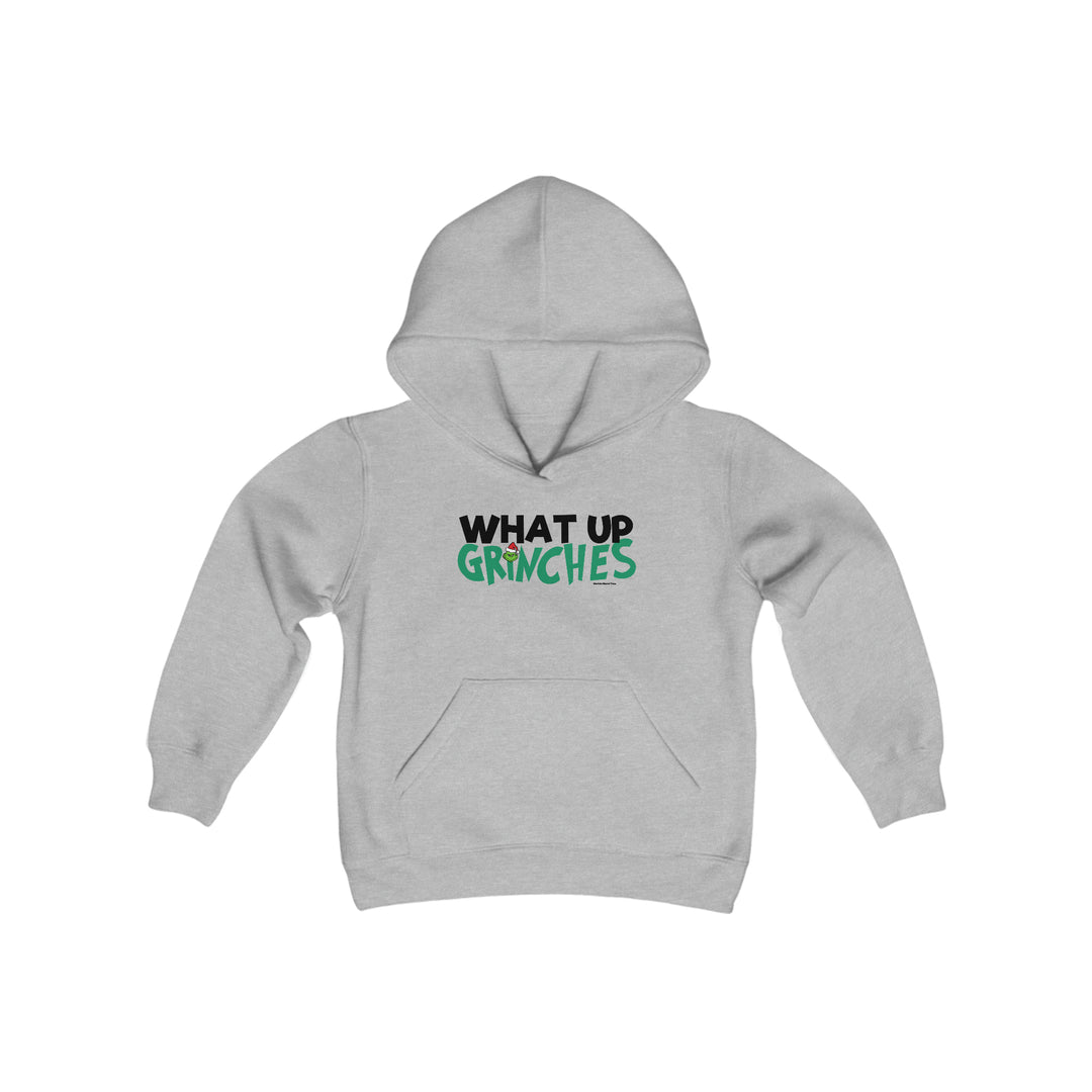 Youth blend hooded sweatshirt with kangaroo pocket, twill-taped neck, and soft fleece. What up Grinches design on grey fabric. 50% cotton, 50% polyester. Medium fabric weight. Regular fit.