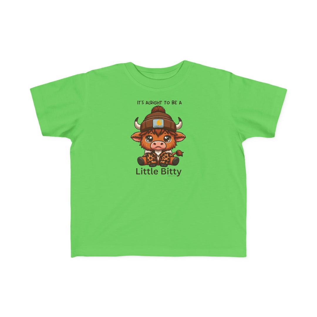 A Little Bitty Toddler Tee featuring a cute cartoon cow design. Made of soft 100% combed ringspun cotton, light fabric, tear-away label, and a classic fit. Perfect for sensitive skin and first adventures.