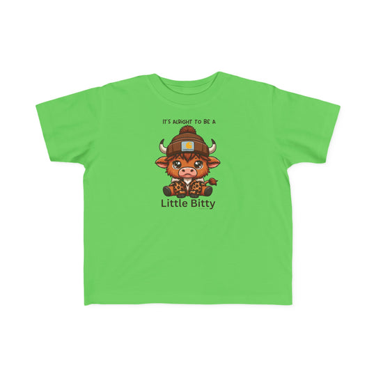 A Little Bitty Toddler Tee featuring a cute cartoon cow design. Made of soft 100% combed ringspun cotton, light fabric, tear-away label, and a classic fit. Perfect for sensitive skin and first adventures.